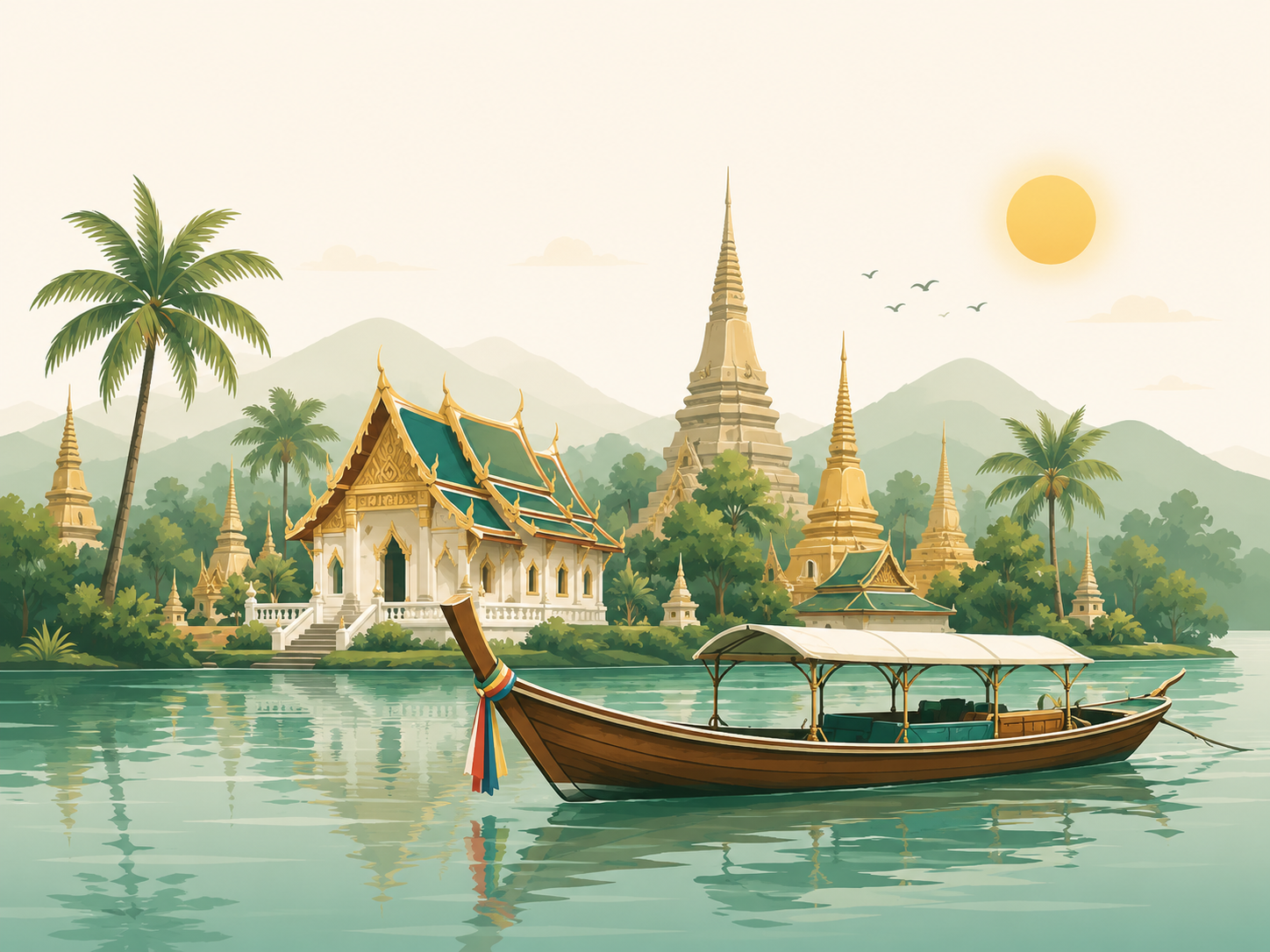Illustration of a Thai temple beside a river with a long-tail boat